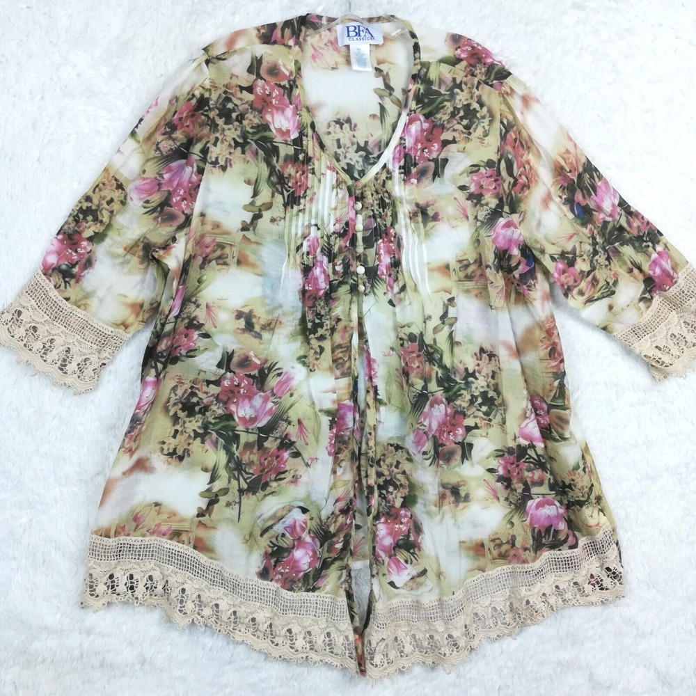 BFA Classics Womens Top Blouse Floral Beige Pink Lace Rouch Split Front‎ Plus 3X